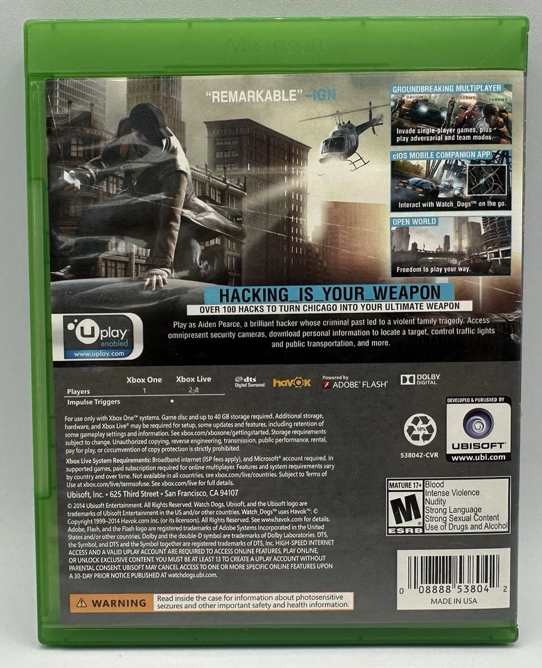Watch Dogs Microsoft Xbox One Video Game Ubisoft No Manual Rated M 2014 - Image 2 of 4