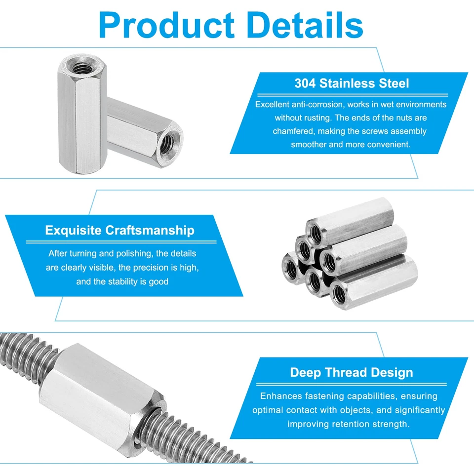 12 Stk M3x0.5 Steigung 6mm Länge 304 Edelstahl Grob Sechskant-Hülsenmutter - Bild 3 von 4