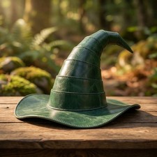 Leather Witch Hat, Curled Point Dark Green Co...