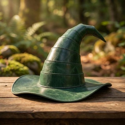 Leather Witch Hat, Curled Point Dark Green Cowhide, Witchcore Fantasy Costume