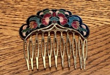 Vintage Gold Tone  Black Multi Color Floral Cloisonn  Enamel Hair Comb