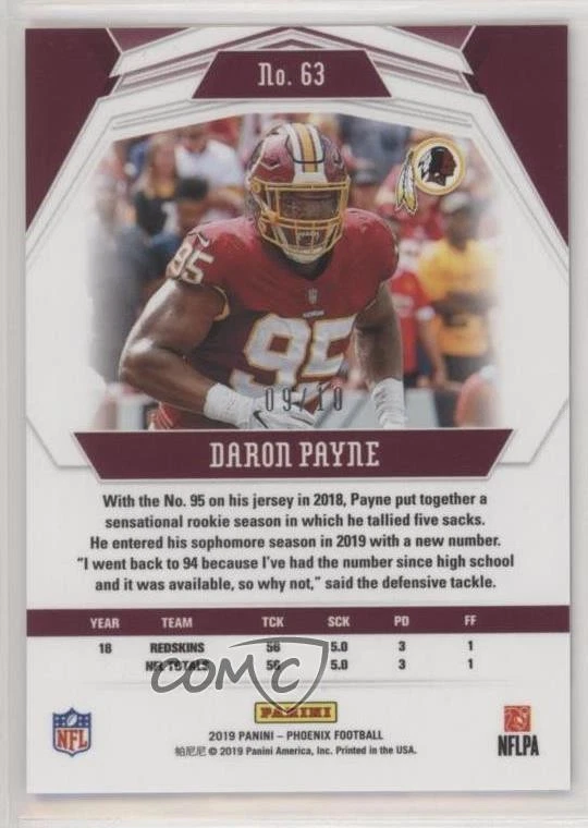 2019 Panini Phoenix Black /10 Daron Payne #63 - Image 2 of 2