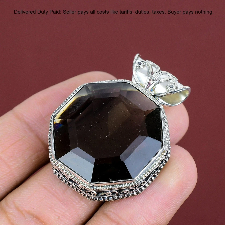 Oferta Black Friday 925 Plata Cuarzo Ahumado Piedras Preciosas Bisel Vintage Colgante Joyería Foto 3 de 4