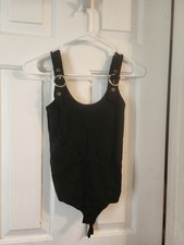 Y2K Black Ribbed Bodysuit O-Ring Adjustable Strap Tank Stretch Seamless L/XL