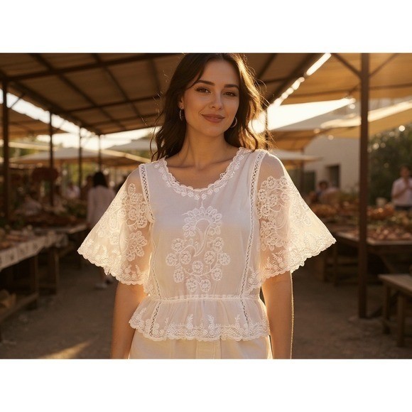 Amber & Skye White Lace Flutter Sleeve Peplum Blouse Top L boho fairy cottage