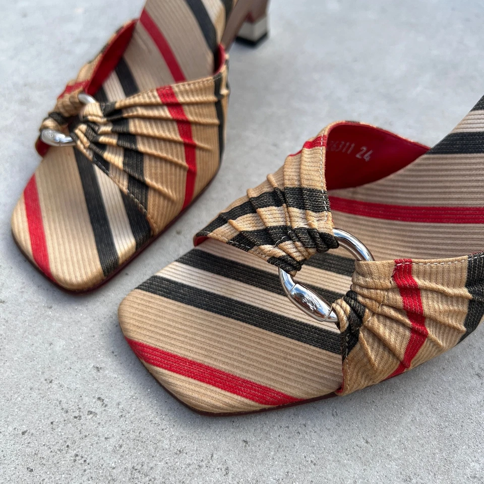 Burberry | Authentic Vintage Burberry Pattern Silver Hardware Wedge Mules (38) - Image 3 of 4