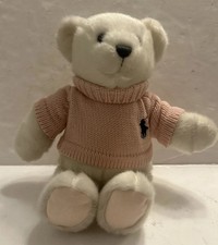 RALPH LAUREN ROMANCE TEDDY BEAR, WHITE BEAR IN PINK LOGO SWEATER 13"