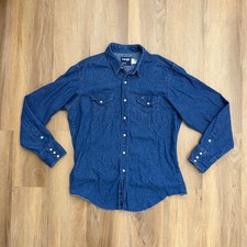 Vintage Wrangler Denim Western Pearl Snap Shirt Blue Regular Fit L Long Tail 90s