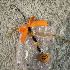 Phone Charm Pumpkin bell with black and orange beads for PHONE BOOKBAG PURSE