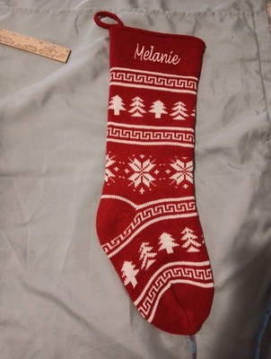 Fair Isle Knitted 20'' Red Christmas Stocking Monogrammed ''Melanie'' Trees/Snow LN