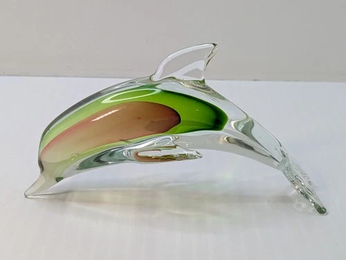 Genuine Murano Dolphin Hand Blown Glass Paperweight Figurine Green Burgundy 8"