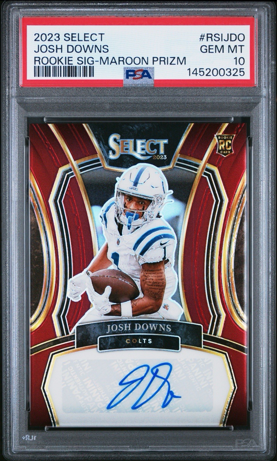 Josh Downs ~ 2023 Panini Select Rookie Signatures Auto Maroon Prizm #/75 PSA 10
