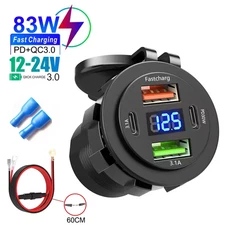 12V-24V PD + QC3.0 Dual USB Car Fast Charger Power Socket Outlet LED Voltmeter