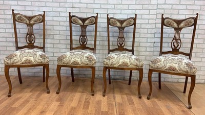 Antique Art Nouveau Style Dining Chairs with Needlepoint Upholstery- Set of 4