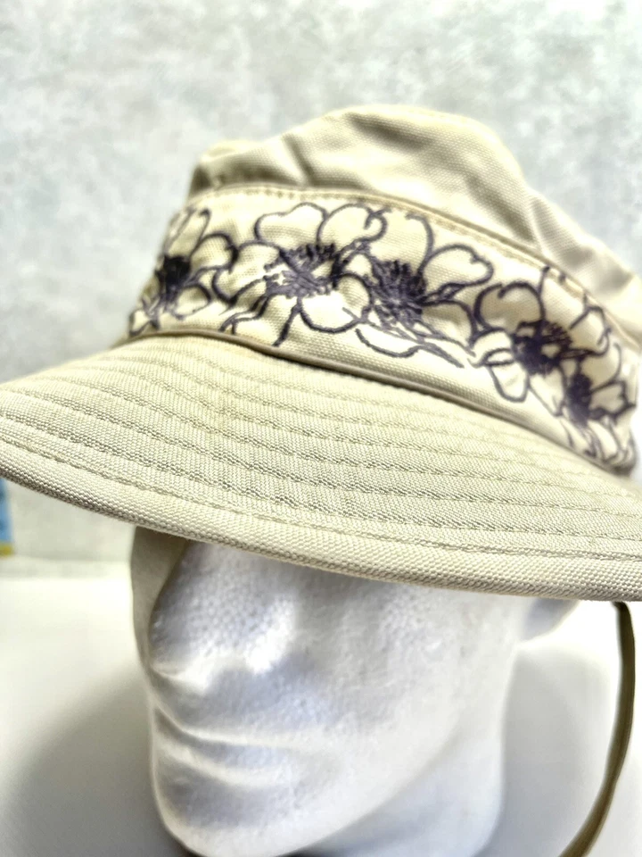 REI Womens Bucket Hat Medium Purple Floral Organic Khaki Hat Buckle Chin Strap - Image 2 of 4