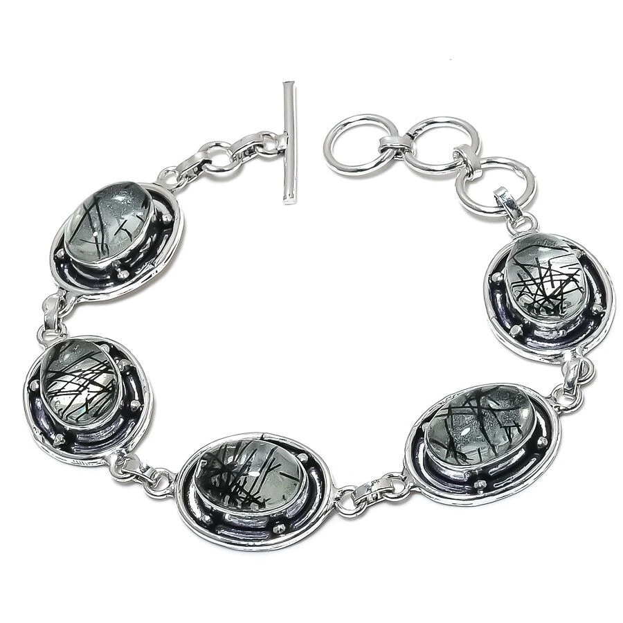 VALENTINO Bracciale gioielli in argento sterling 925 fatto a mano con pietre preziose quarzo rutilato misura 7 8"