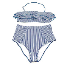 Womens Size L Bikini Set Halter Ruffle Top High-Waist Stripe Teal/White