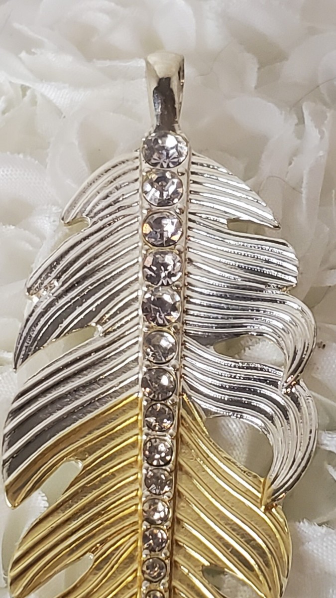 Vintage Rhinestone Feather Two Tone Feather Pendant View 2