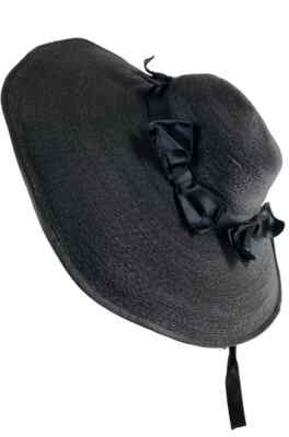 Rose Descat 1930s Vintage Black Silk Bow & Straw Wide-Brim  display picture 1