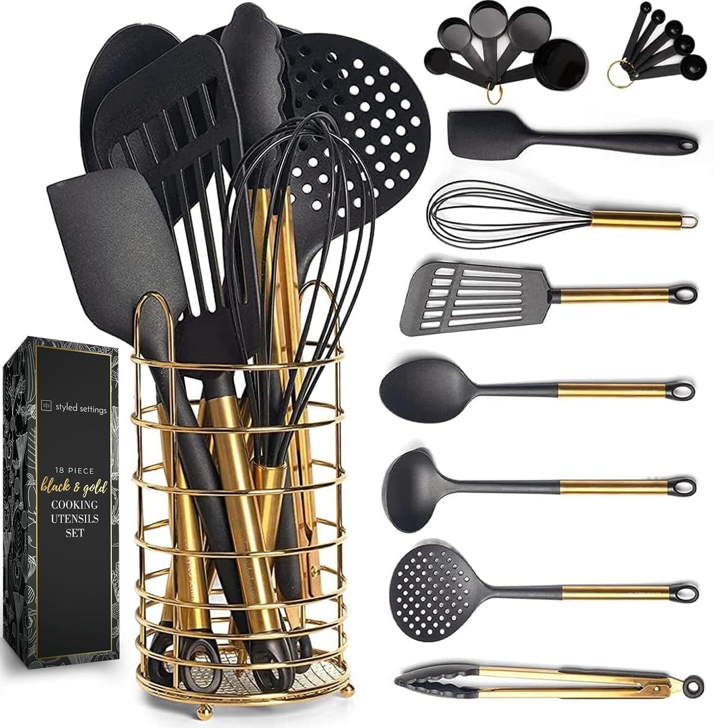 Black and Gold Kitchen Utensils with Stainless Steel Gold Utensil Holder -18 PC