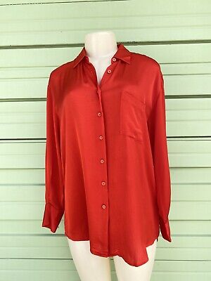 NWT ZARA TRF Red Flowy shirt lapel collar long sleeve buttoned cuff size S $45 