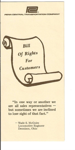 VINTAGE PENN CENTRAL RAILROAD OPERATIONS BILL OF RIGHTS FOR CUSTOMERS