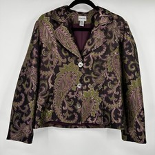 Chicos Silk Blend Paisley Brocade Blazer Jacket Metallic Plum Green Medium Regal