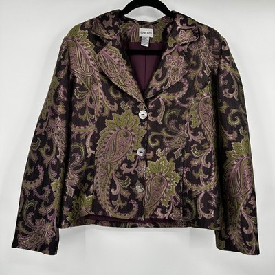 Chicos Silk Blend Paisley Brocade Blazer Jacket Metallic Plum Green Medium Regal