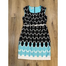Dressbarn Geometric Oval Print Belted Sheath Dress Womens 12 Black Blue Mod