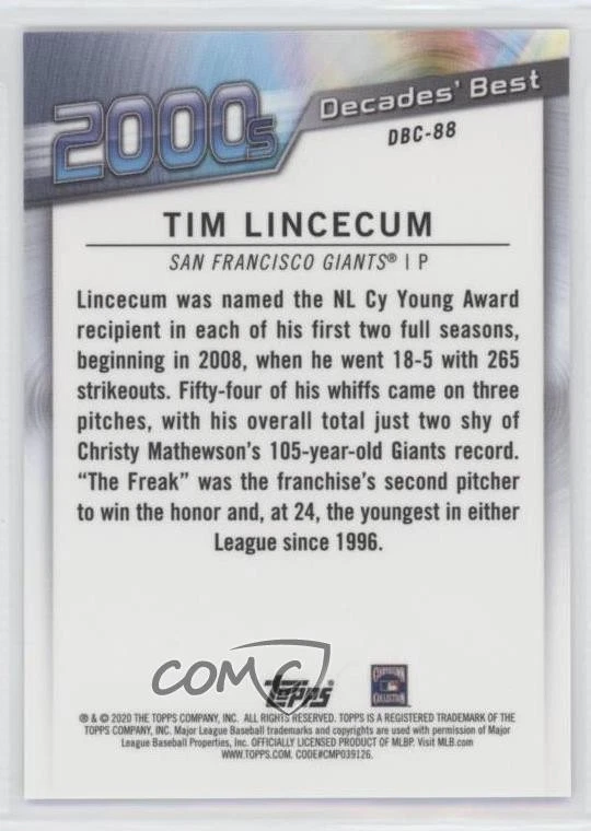 2020 Topps Decades Best Chrome Series 2 Award Winners Tim Lincecum #DBC-88 - Image 2 of 2