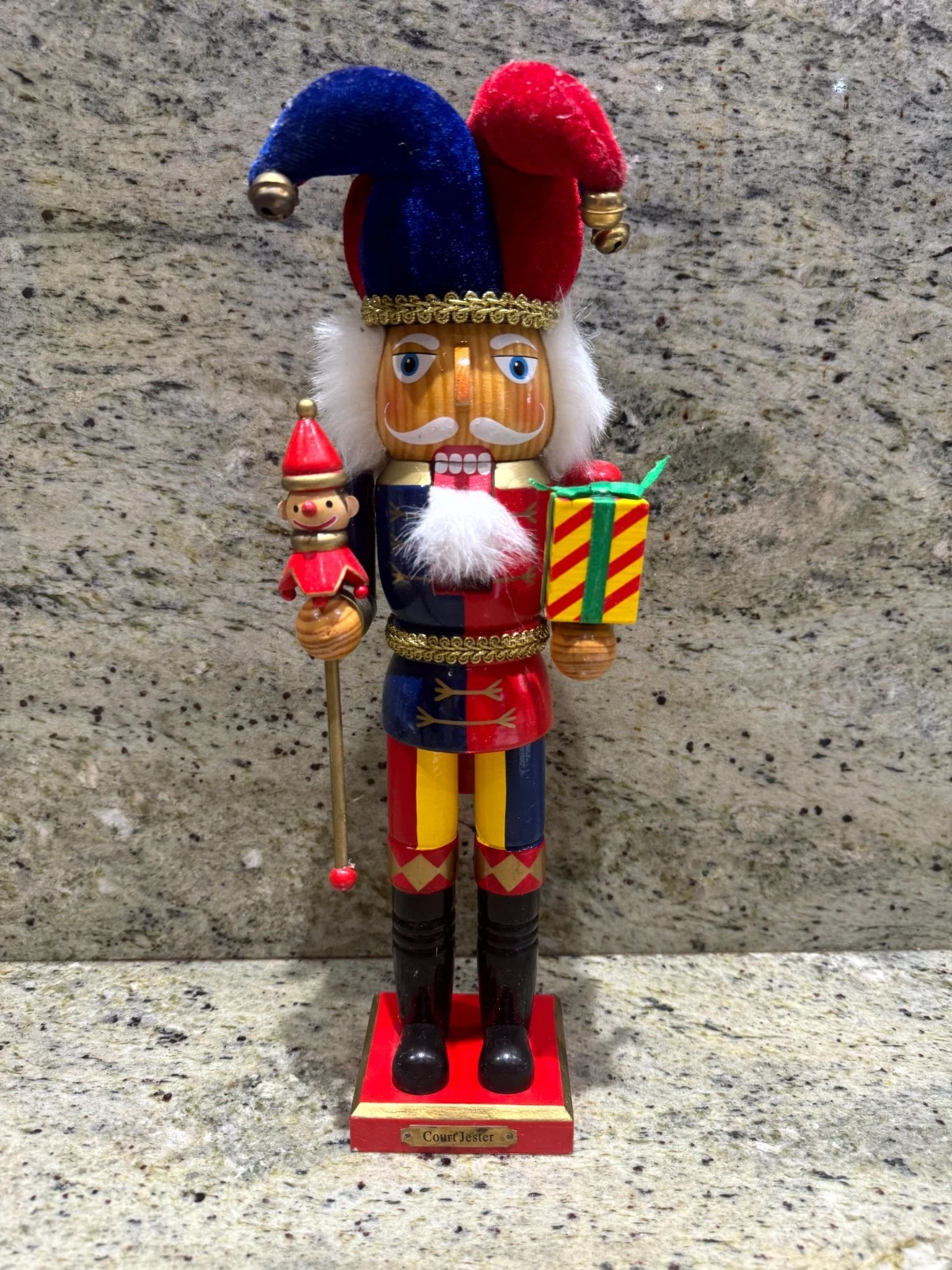 Court Jester Wooden Nutcracker – Velvet Hat, Puppet Scepter, Gift Box Decor
