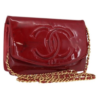 CHANEL COCO Mark Chain Shoulder Bag Patent leather Red Gold CC