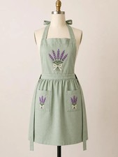 Embroidered Lavender Linen Apron, Cottagecore Kitchen Baking Gift