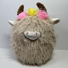 Highland Cow Shaggy Plush Stuffie w Dark Brown Horns Ribbon Roses Beige 12x10 in