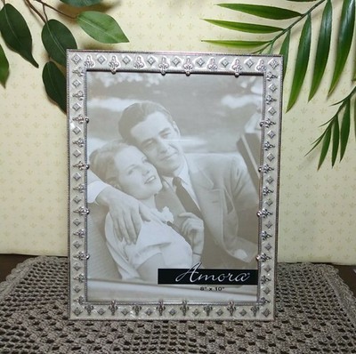 Vintage Faux Diamond Mother Pearl Picture Photo Frame 8x10 Ornate Silver Metal