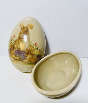Ceramic Easter Bunny Egg Shape Covered Trinket Box 4 1/2  x 3  Mint