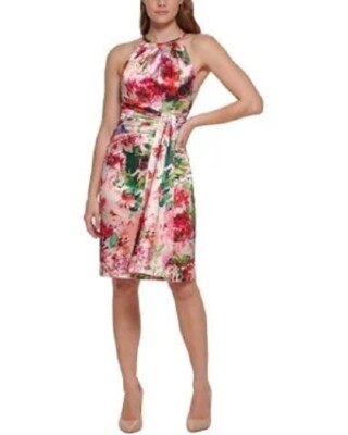 Eliza J Womens Size 6 Floral Printed Halter Floral Dress Pleated Waist Tie NEW
