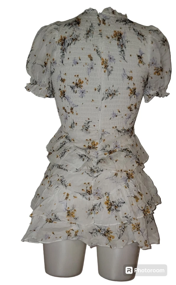Olivaceous Sz S Womens Floral Ruffle Tiered Boho Cottagecore Cotton Mini Dress - Image 2 of 4