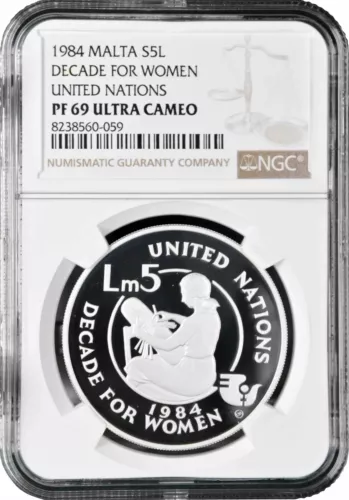 Malta 5 liri 1984, NGC PF69 UC, "United Nations Decade for Women" silver coin