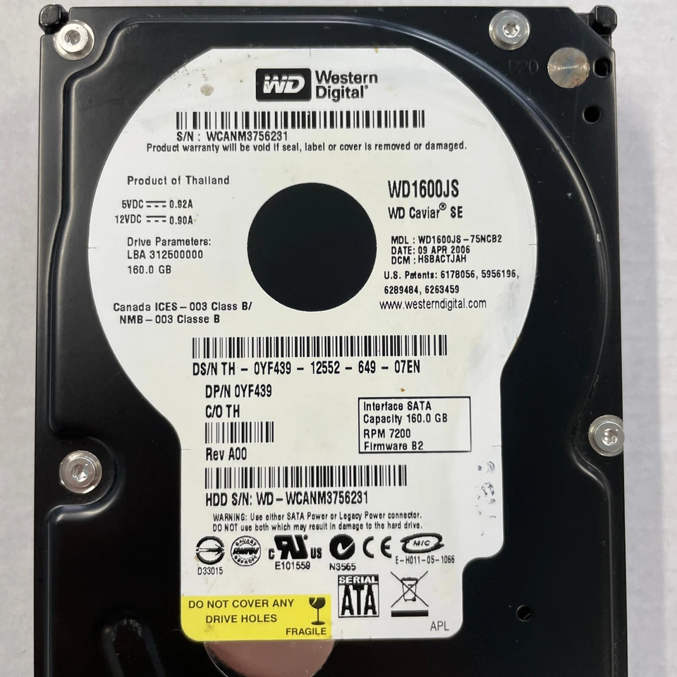 WD 160GB 3.5" SATA HDD 7200RPM 3Gb/s 8MB Cache WD1600JS WD1600JS-75NCB2 0YF439 - Image 2 of 4