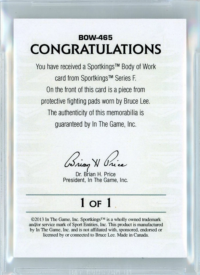 2013 SPORTKINGS BODY OF WORK #BOW465 - 1/1 BRUCE LEE ON-CARD ART + RELIC - BGS 9 - Image 2 of 2
