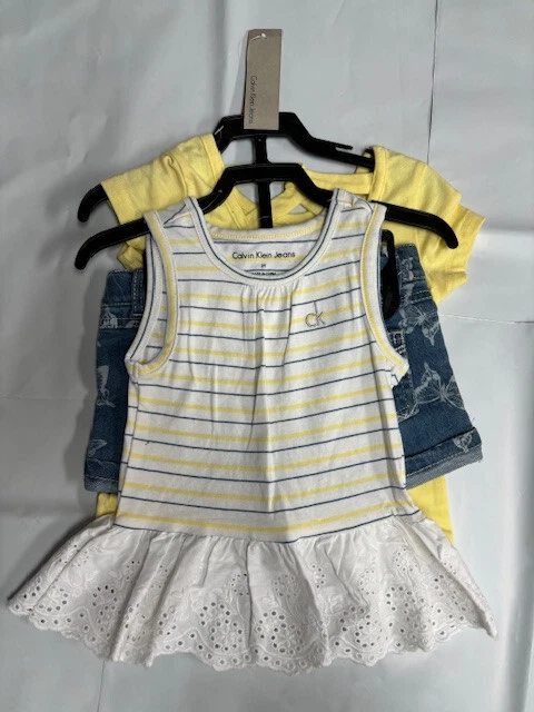 JUEGO DE 3 PANTALONES CORTOS/BLUSA/VESTIDO CALVIN KLEIN NIÑAS (AMARILLO/BLANCO/AZUL 4T) NUEVO CON ETIQUETAS Foto 2 de 4