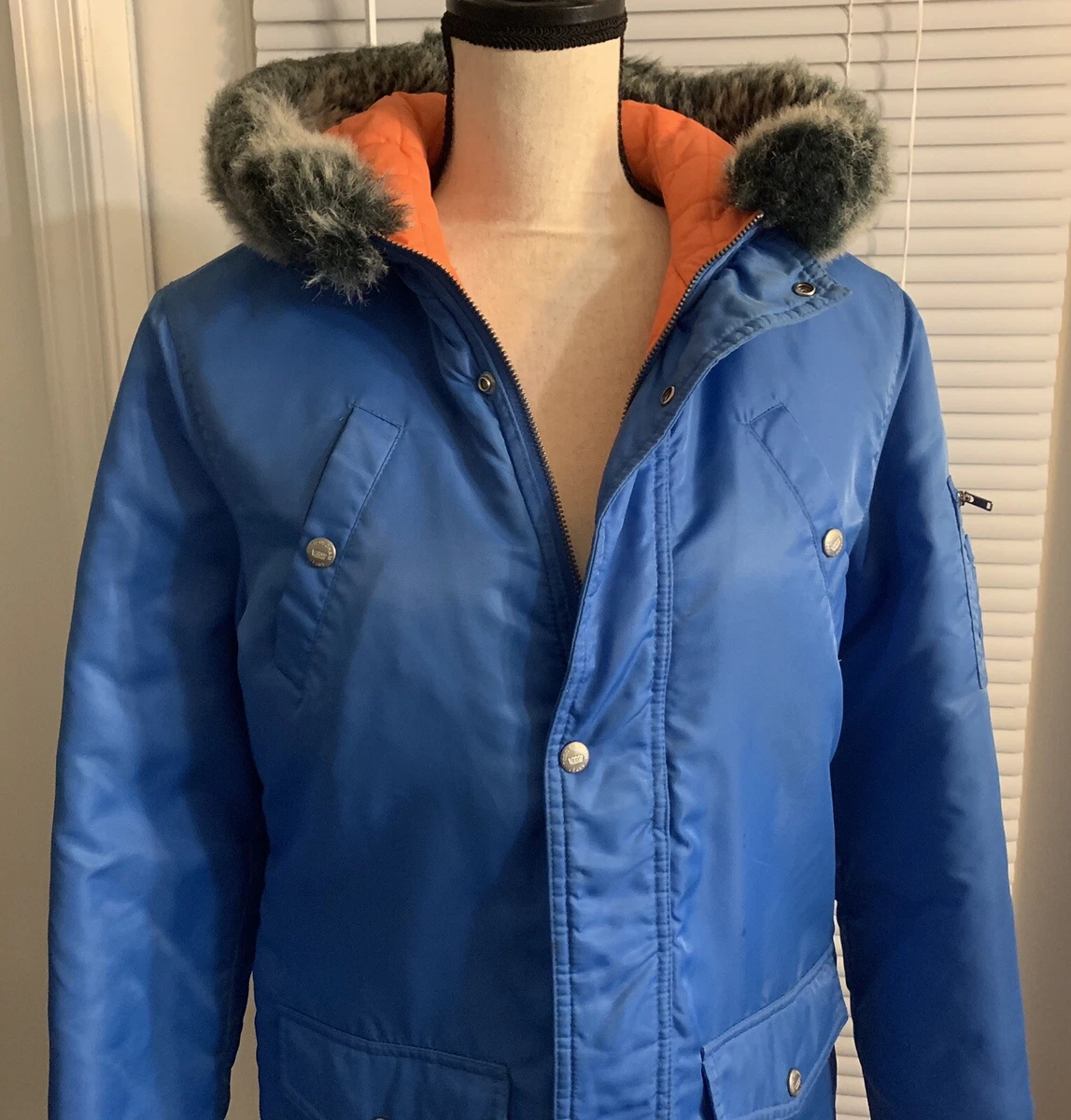 VINTAGE 90s TODD OLDHAM TO2 BLUE HOODED PARKA FAUX FUR TRIM ORANGE LINING Sz M