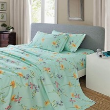 Green Floral Printed Sheet Set Full Size 4 Pcs Soft Botanical Microfiber Sheets