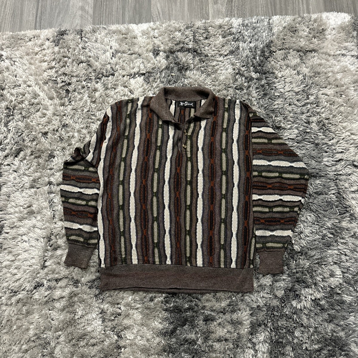 Alan Stuart ニットセーター coogi風 made in USA Vintage 90s Alan Stuart Coogi Style Sweater Large Gray White