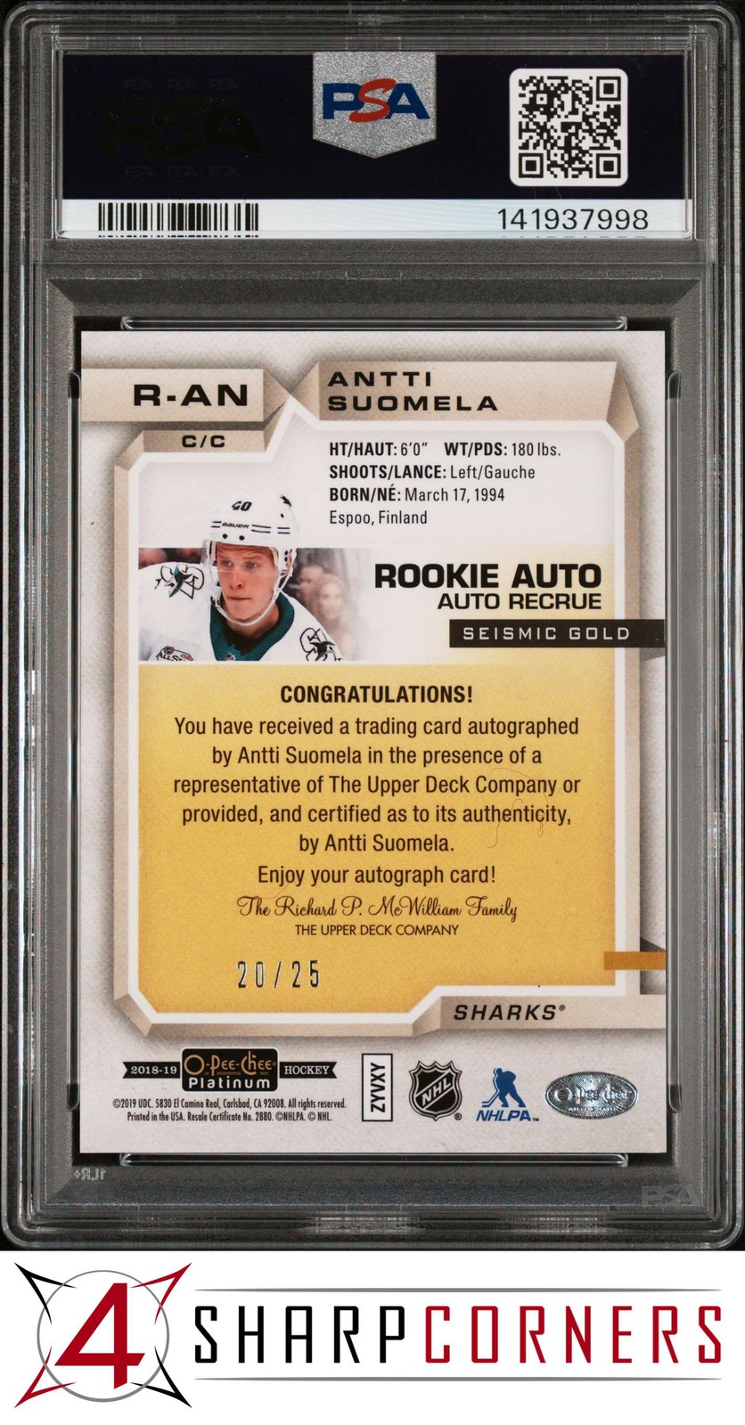 2018 O-PEE-CHEE PLATINUM ROOKIE AUTO SEISMIC GOLD ANTTI SUOMELA RC #/25 PSA 9 view 2