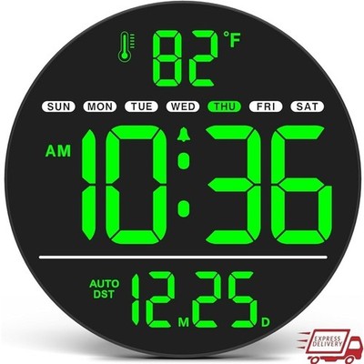 Electric Wall Clock W/ LED Display Silent Dimmer Temperature Date Time Auto DST