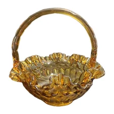 Vintage Fenton Amber Art Glass Basket 8" Thumbprint Ruffled Edge Dish W/ Handle