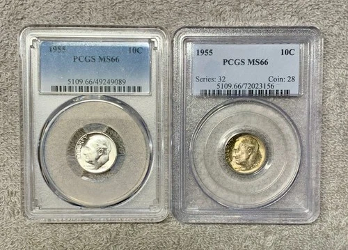 Lot of 2 - 1955 P - Grade  PCGS MS66-90%  Silver Roosevelt Dime Business Strike.