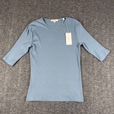 Vince Shirt Womens Medium Blue Ribbed Pima Cotton Elbow Sleeve Crewneck Top